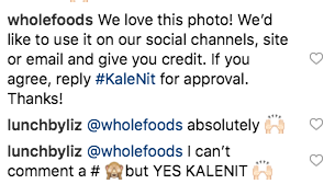 screenshot of instagram comments. whole foods asks permission to post the photo and the other person replies absolutely