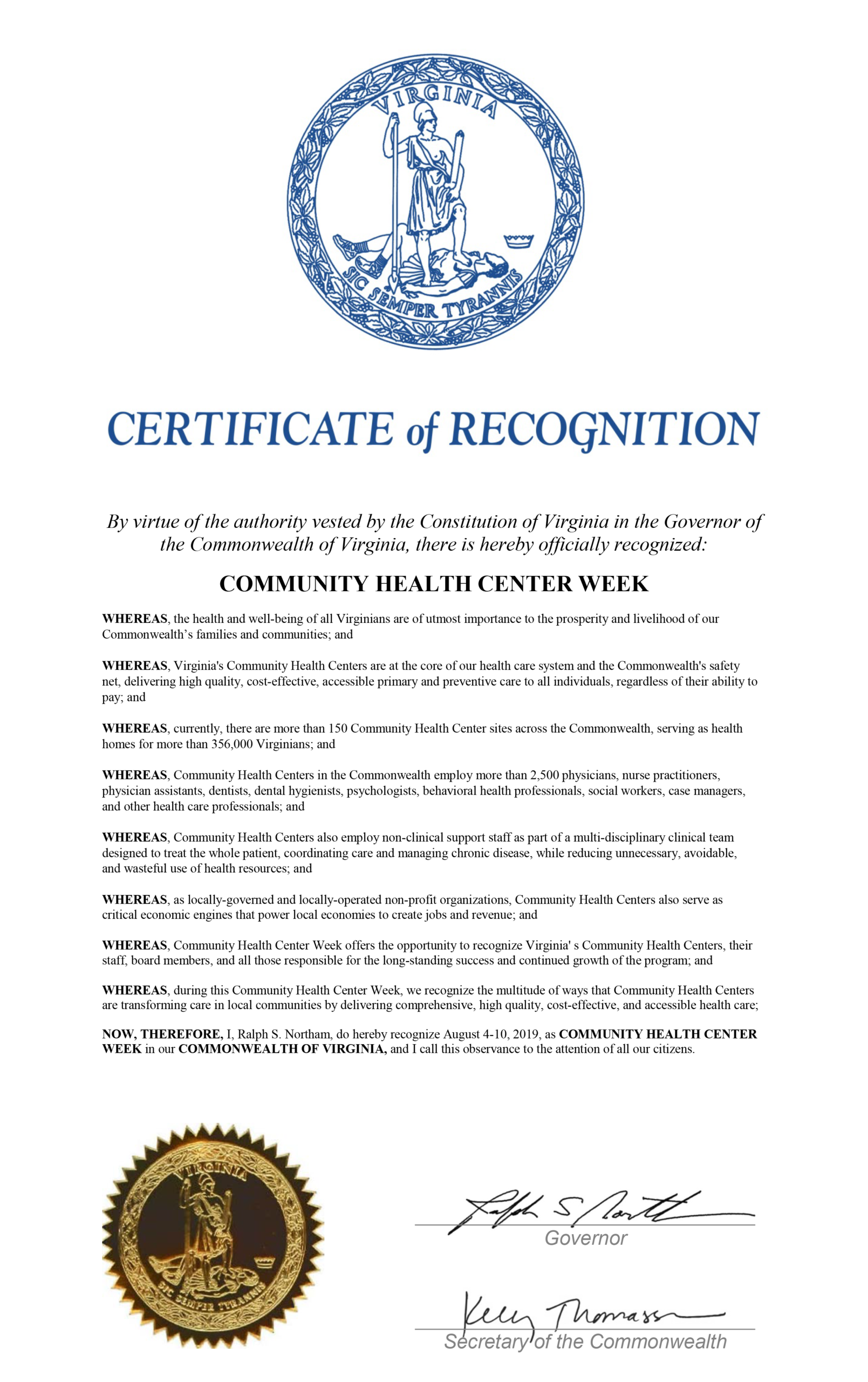 2019 Proclamation of Health Center Week in Virginia