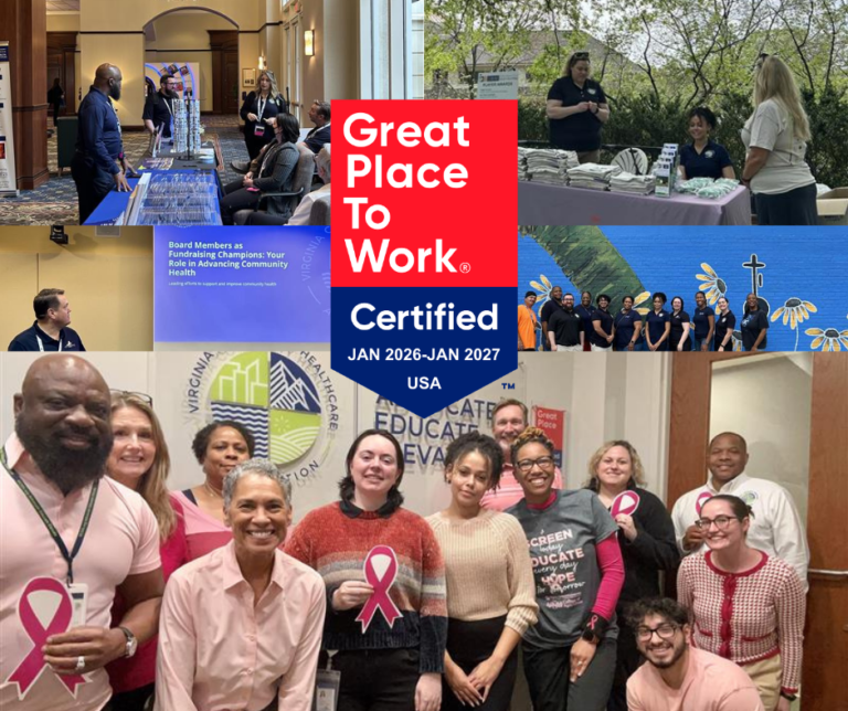 Multiple pictures of VCHA employees smiling with the Great Place To Work certification in the middle