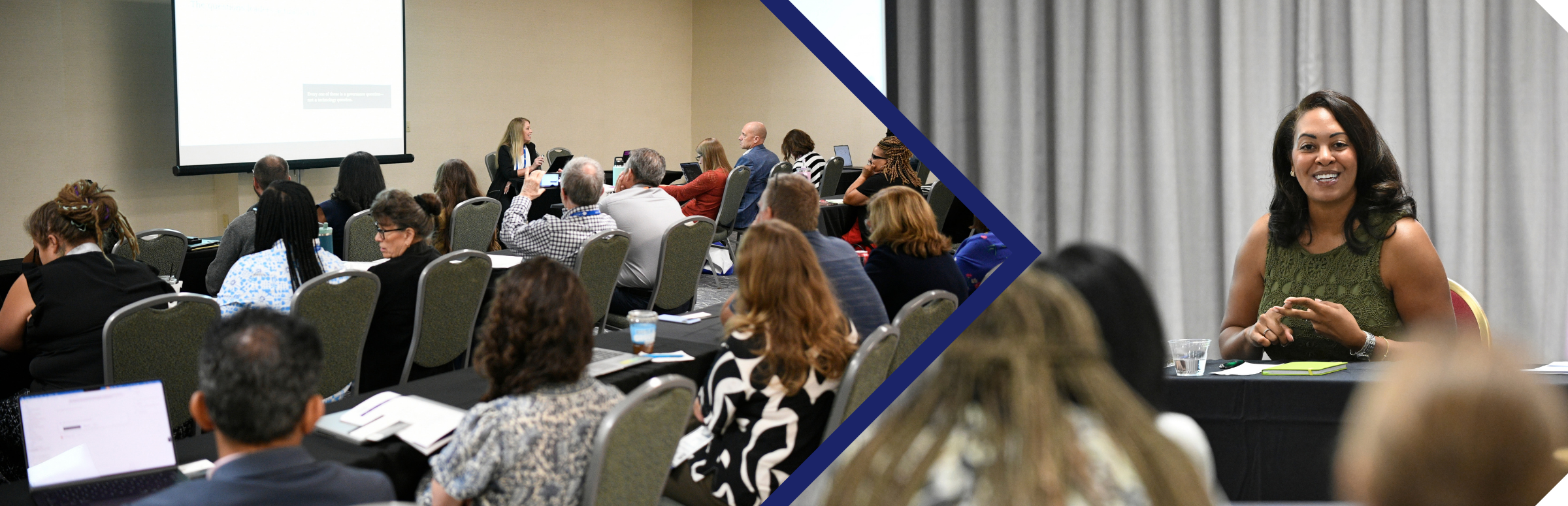 Cover image; one half is a photo of a conference session from the back of the room, one half is of a presenter, a Black woman, smiling while presenting