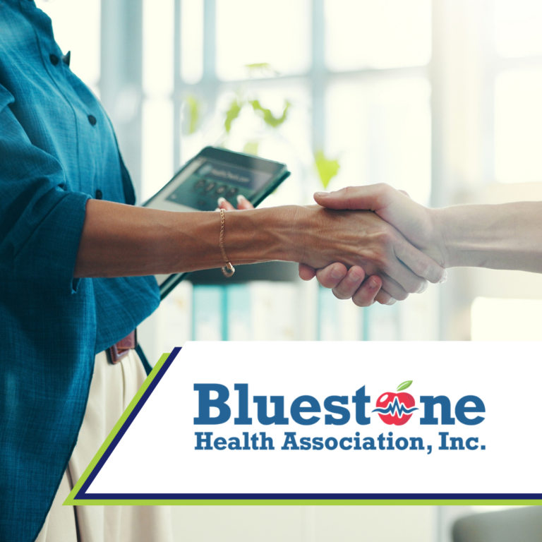 Bluestone Health Association's logo overlaid on a photo of two people shaking hands