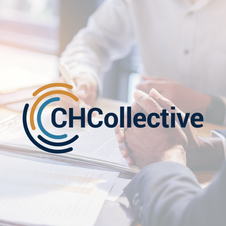 Chcollective logo overlaid on a photo of two people making a business deal