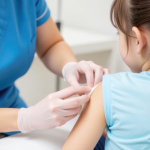 Kid with injury treated by nurse with bandage. A healthcare professional administers a vaccination to a young girl in a clinical setting, emphasizing care and health awareness.