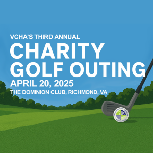 A golf course graphic with the words VCHA's Third Annual Charity Golf Outing April 20, 2025 The Dominion Club Richmond VA