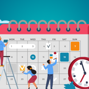 Calendar icon with illustrated people working on it